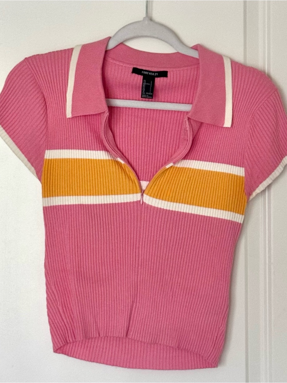 Forever 21 Pink Ribbed Polo Crop Top with Yellow Stripe